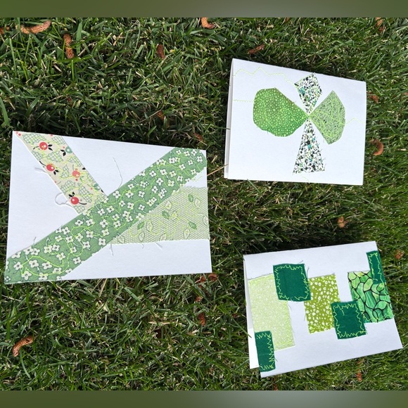 Handmade Green and White Greeting Cards with fabric - Picture 1 of 5